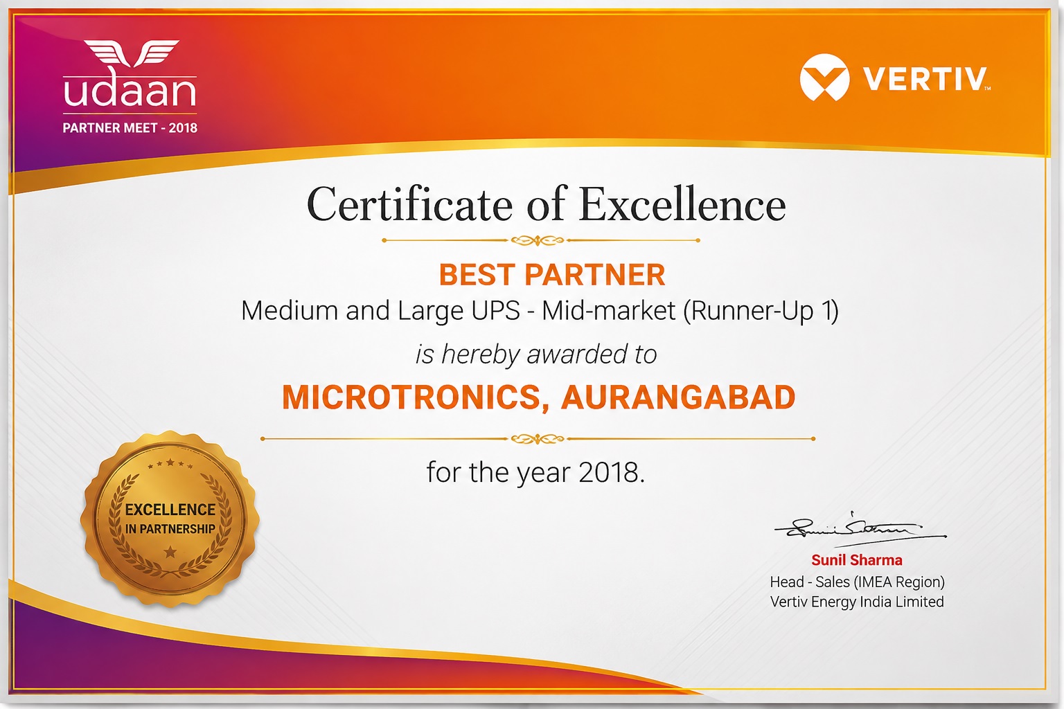 Best Partner Award – Vertiv Udaan Partner Meet 2018